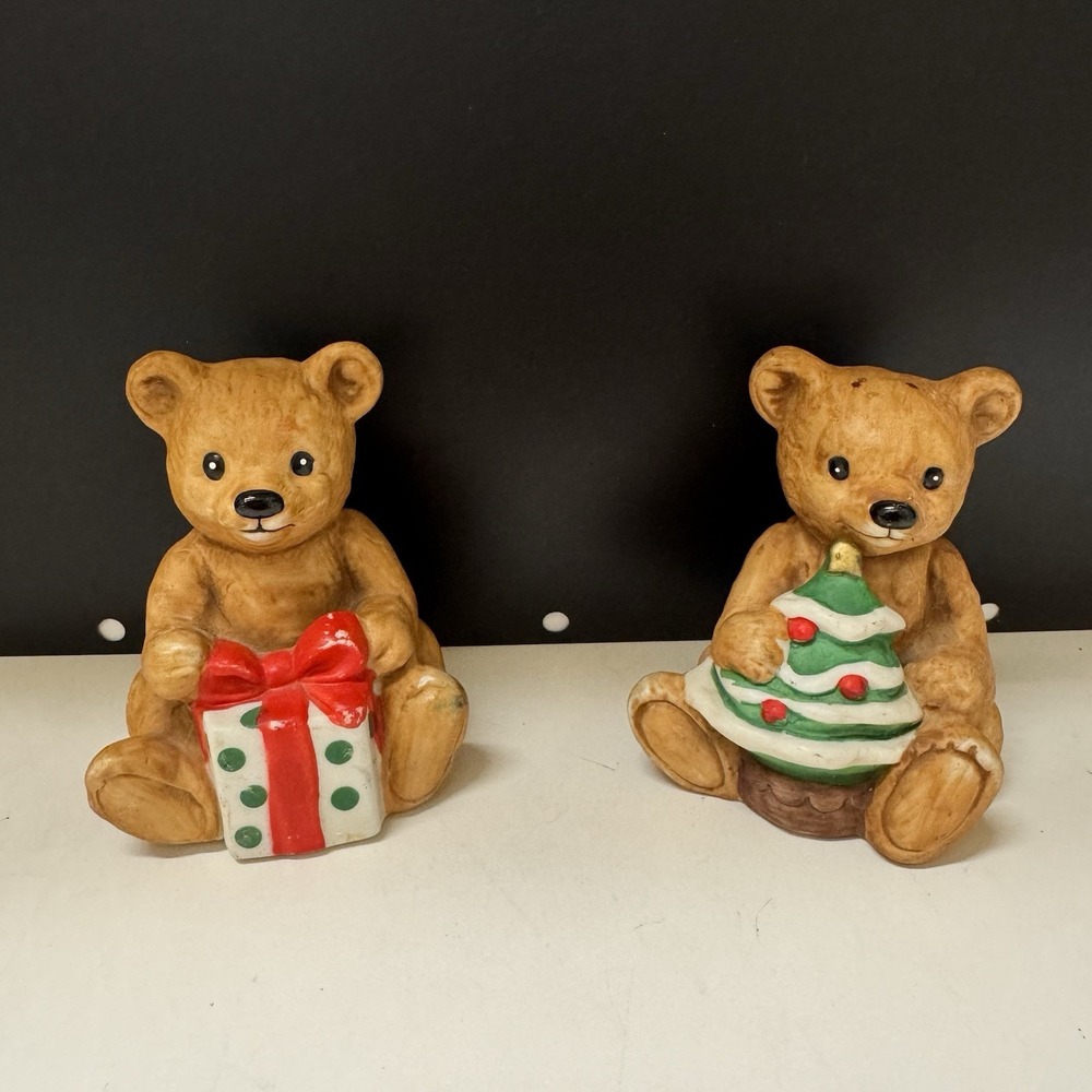 VTG Homco Ceramic Christmas Teddy Bear Pair 3"x 2 1/2" Christmas Decor